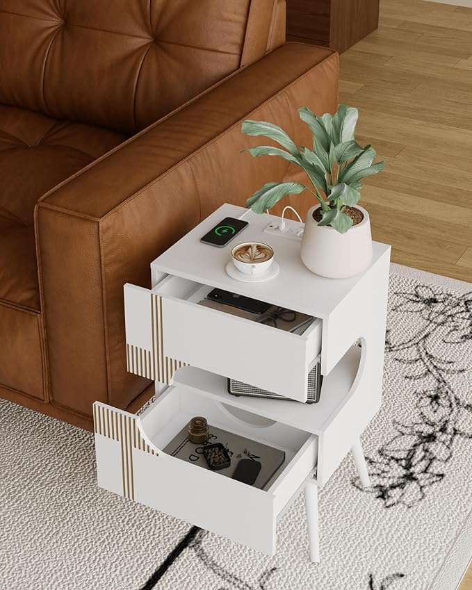 White Nightstand with Charging Station and LED Lights,Modern Bedside Table with 2 Storage Drawer,Night Stand with Solid Wood Legs,White (White-2)