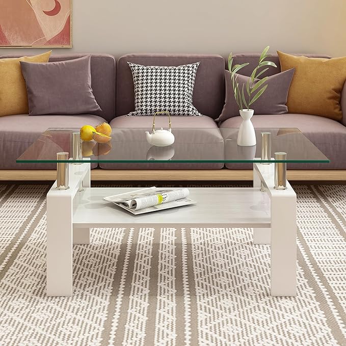 Modern 2-Tier Coffee Table with Tempered Glass Top, MDF Shelf & Metal Legs, Rectangular Living Room Center Table, Sturdy & Stylish Table for Small Spaces, Lounge or Office