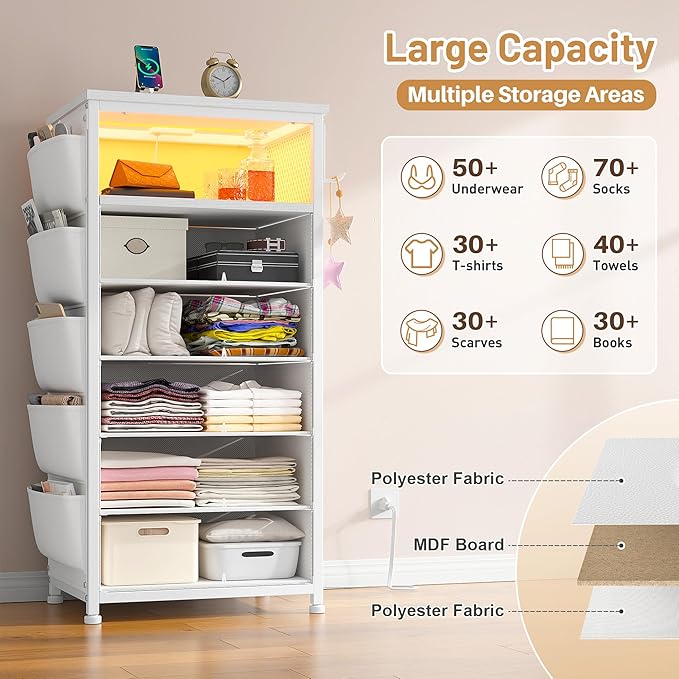 EnHomee Tall Night Stand with 5 Drawers, LED Nightstand with Ports & Outlets, White Dresser with Extra Side Bag & Storage Shelf & Hooks, Bedroom, Dorm, Closet