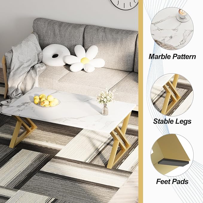 Coffee Table Living Room Table White Center Table, Simple Modern Faux Marble Rectangular Tea Tables with Sturdy Gold Metal Frame,Industrial Wooden Coffee Table for Bedroom Home Office