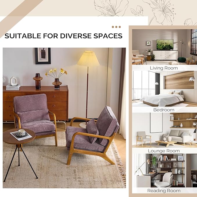 VINGLI Chenille Mid-Century Modern Accent Chair, Cute Reading Arm Chair with Cushion & Lumbar Pillow & Solid Wood Frame for Lounge, Living Room, Reading Room, Bedroom, Light Purple