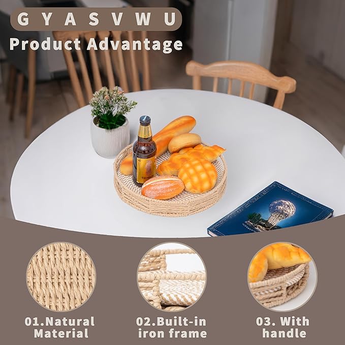 GYASVWU Round Decorative Serving Tray with Handles, Paper Rope Woven Tray for Coffee Table, Rattan Serving Tray for Ottoman, Dining Table Trays, Wicker Trays for Kitchen/Living Room/Bedroom (Beige)