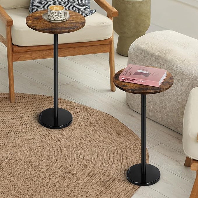 smusei Set of 2 Small Side Table for Small Spaces 2 Packs Drink Table Round Pedestal Side Tables with Marble Base for Sofa Couch Chair Patio, Brown and Black