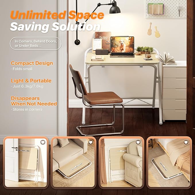Huuger Folding Desk with 3-Level Adjustable Height and Tablet Slot, 24 Inch Foldable Computer Desk for Small Spaces, Space Saving, Writing Work Table for Home Office, Bedroom, Study, Oak
