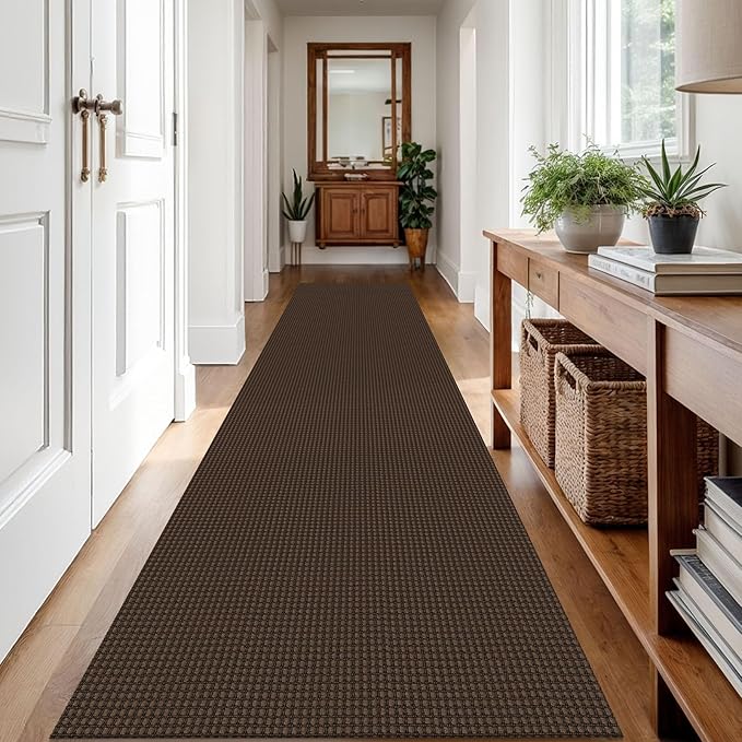 IOHOUZE Washable Runner Rug 3x12 Non Slip Rubber Backed Extra Long Hallway Runner Entryway Runner Indoor, Kitchen Rugs Woven Cotton Floor Carpet for Hall Entrance Stair, Brown