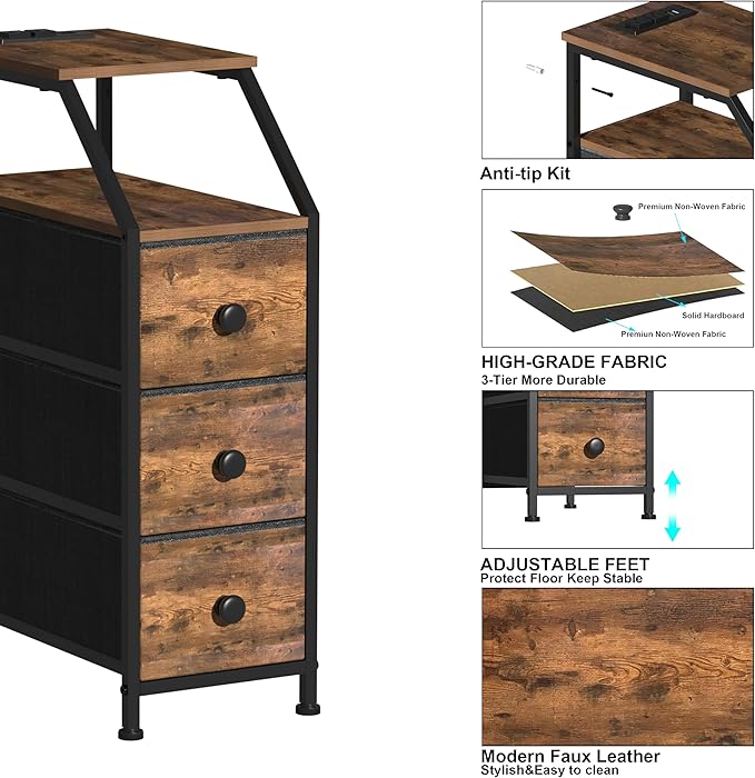 Tohomeor Narrow Dresser Tall Skinny Storage Tower Vertical Slim Chest of Drawers with Charging Station Small Nightstand Side Table for Bedroom, Bathroom, Small Spaces (Rustic Brown, 3 Drawers)