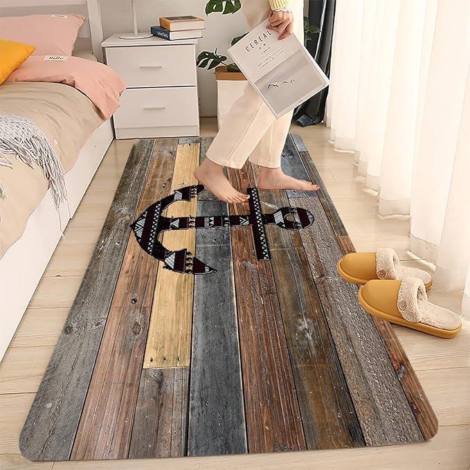 Bath Rugs Sponge Foam Absorbent Soft for Bathroom and Kitchen (71 x 24 inches),Flannel Mat Non Slip Bright 3D Print for Bedside and Living Room(Old Wooden Plank Anchor)