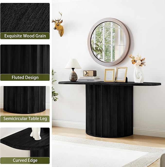 59'' Console Table for Entryway, Narrow Wooden Sofa Tables Behind Couch, Modern Fluted Entryway Table with Storage Accent Table for Hallway, Living Room, Entrance, Foyer (Black)