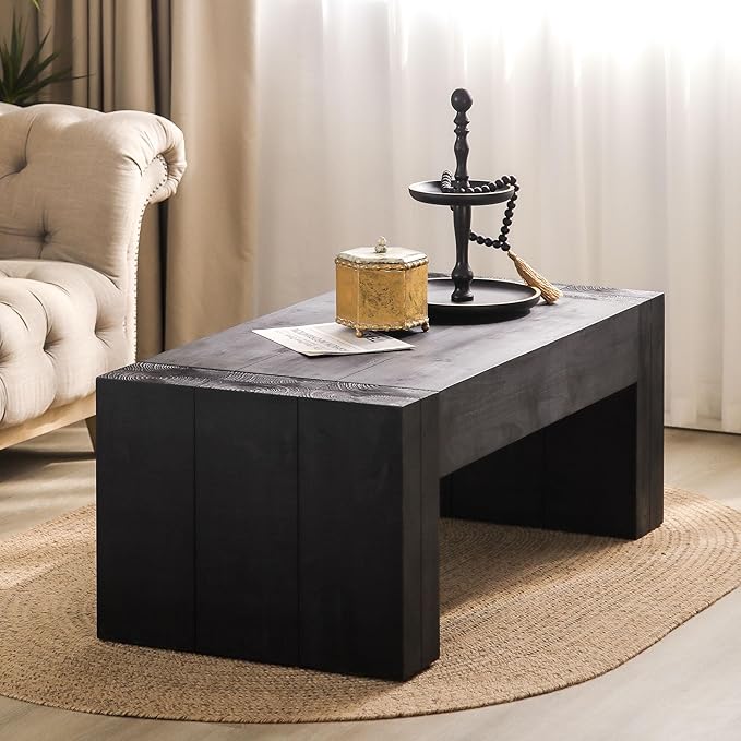 Coffee Table, 49" x 23.7" Rectangular Coffee Table Rustic Side Table Solid Wood Center Table Versatile Tea Table Accent End Table for Living Room Apartment, Black