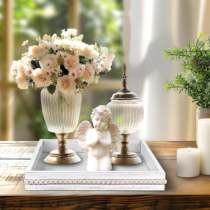 Wooden Decorative Tray, Small Serving Tray with Wood Bead, Farmhouse Big Tray for Ottoman, Countertop, Coffee Tabl, 13" x 13"x 1.6" (Retro White)