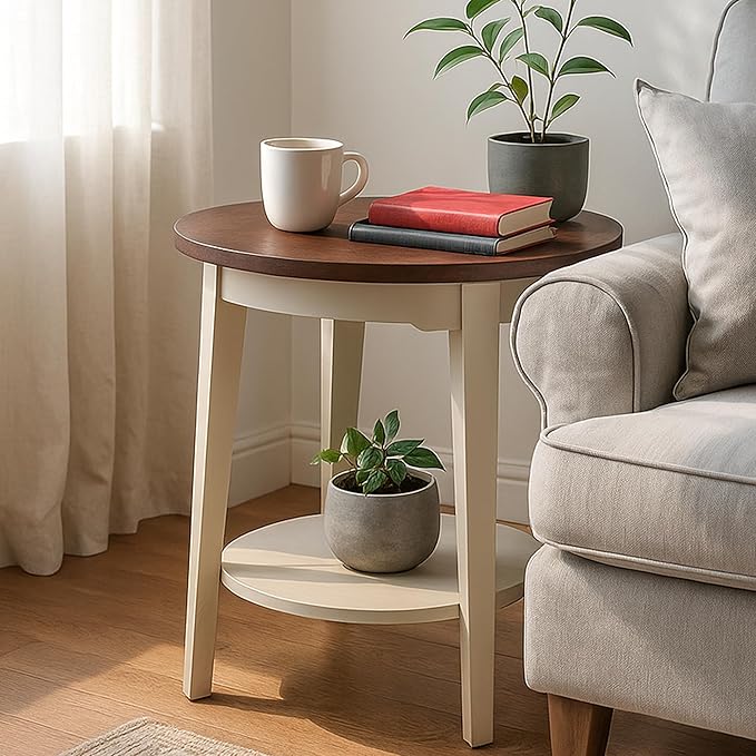 19" Round Side Table, Modern 2-Tier Shelf End Table, Small Accent Table for Living Room, Bedroom, Office, Brown and Gray