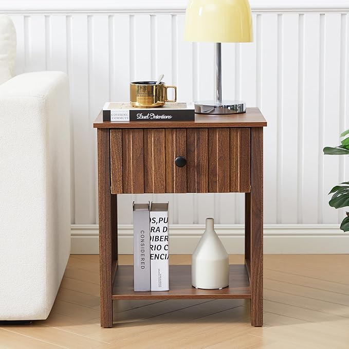 Wood Nightstand, 21.65" H Bedside Table with Wide Fluted Finish, Modern Night Stands with Drawer, Mid Century End Table for Bedroom (Walnut)