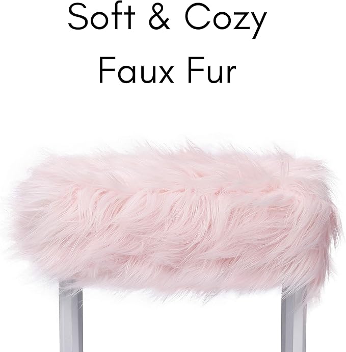 BIRDROCK HOME Rectangular Faux Fur Vanity Stool Ottoman w/White Metal Legs - Small Fluffy Makeup Seat - Cute Foot Rest for Bedroom, Desk, or Dressing Table - Compact Chair for Girls Dorm Room - Pink
