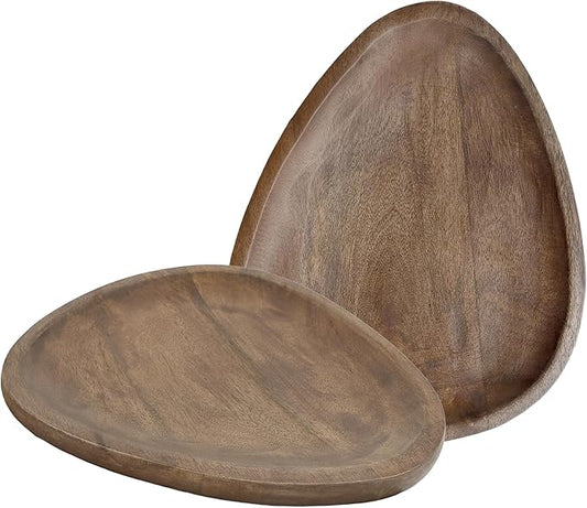 2 Pack Rustic Wooden Serving Tray - Oval Handcrafted Decorative Tray with Felt Base - Coffee Table, Bathroom Vanity, Kitchen Counter Organizer 12 & 14 Inches (Brown)- CLEENTABLE