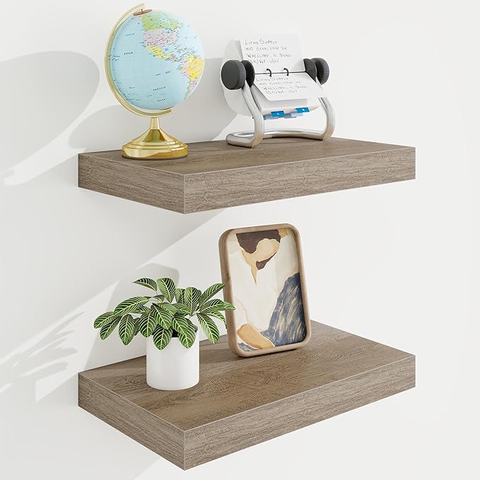16in Floating Shelves for Wall, 16"W x 9.25"D x 1.25"H, 2 Pack Long Wall Mounted Engineered Wood Shelves with Invisible Brackets for Living Room, Bedroom, Bathroom, Kitchen Decor and Storage, Grey