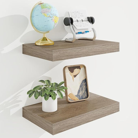 16in Floating Shelves for Wall, 16"W x 9.25"D x 1.25"H, 2 Pack Long Wall Mounted Engineered Wood Shelves with Invisible Brackets for Living Room, Bedroom, Bathroom, Kitchen Decor and Storage, Grey