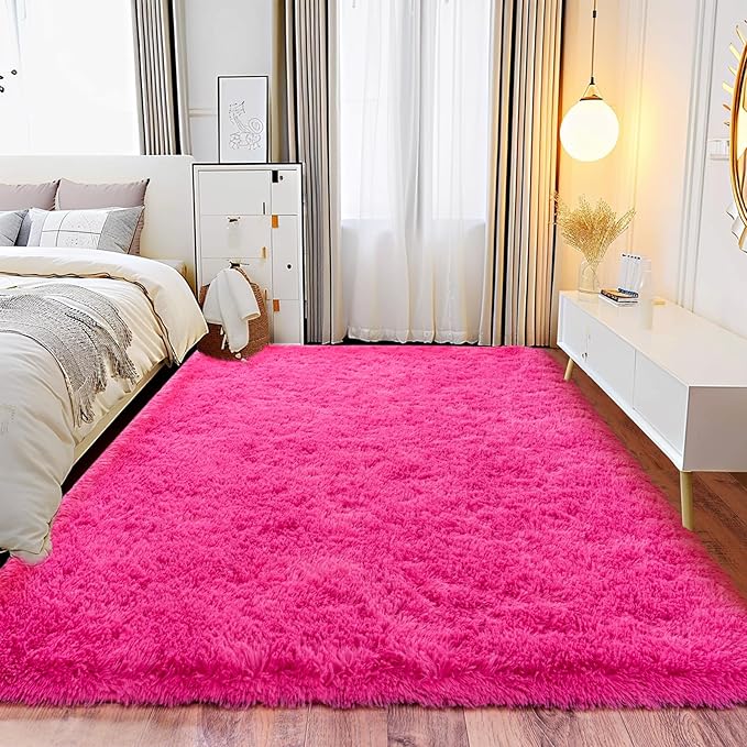 Fluffy Rug for Living Room,Furry Carpet for Teen,Shaggy Carpet for Nursery Room, Hot Pink Fuzzy Plush Rug for Dorm, Rectangle Shag Rug 9x12 Feet