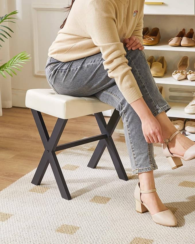 IBUYKE U-Shaped PU Vanity Stool, Square Makeup Chair with X-Leg, Ottoman Seat Footrest Stool, Multi-Use as Small Side Table, for Bedroom, Living Room, White WBD019W