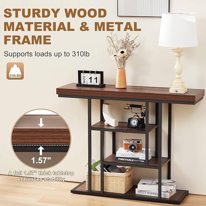 HABUTAY 42 Inch Industrial Entryway Table with 4-Tier Storage Shelves,Sofa Table for Living Room, Narrow Console Table for Hallway, Foyer, Front Door, Accent Furniture with Metal Frame，Rustic Brown