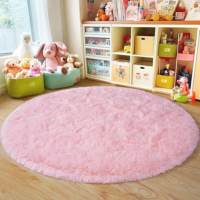 3'x3' Round Pink Rugs for Girls Bedroom, Ultra Soft Fluffy Circle Rug for Kids Room, Cute Small Shag Rugs for Living Room Playroom Tent Castle Home Decor Rug