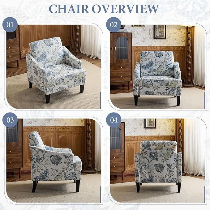 Bezseller Floral Accent Chair, Upholstered Reading Armchair with Wood Legs, Mid-Century Leisure Comfy Single Sofa Chair for Living Room, Bedroom, Home, Office, Blue Floral