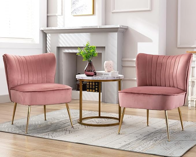 Velvet Accent Chairs Set of 2 Comfy Living Room Chair Armless Slipper Chair Mid Century Side Single Sofa Chair with Golden Legs Wingback for Bedroom Guest Room, Pink