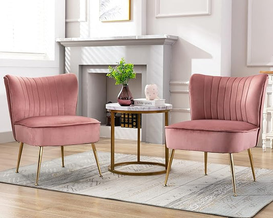 Velvet Accent Chairs Set of 2 Comfy Living Room Chair Armless Slipper Chair Mid Century Side Single Sofa Chair with Golden Legs Wingback for Bedroom Guest Room, Pink