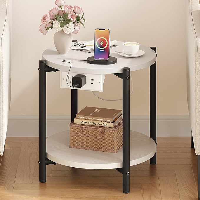 LIKIMIO 15.8" W Small Round Side Table with Charging Station, 2-Tier End Table with Lower Shelf, Wooden Nightstand for Small Spaces, Living Room, Bedroom, White