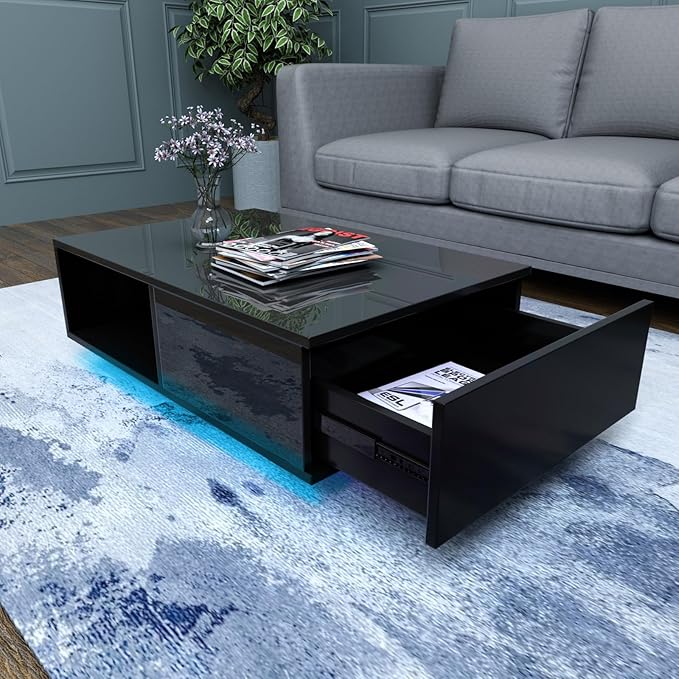 COSVALVE 43.3IN LED Black Coffee Tables for Living Room with 16 Colors LED Lights Modern Coffee Table with Storage Drawer Rectangle Center Table for Home Furniture