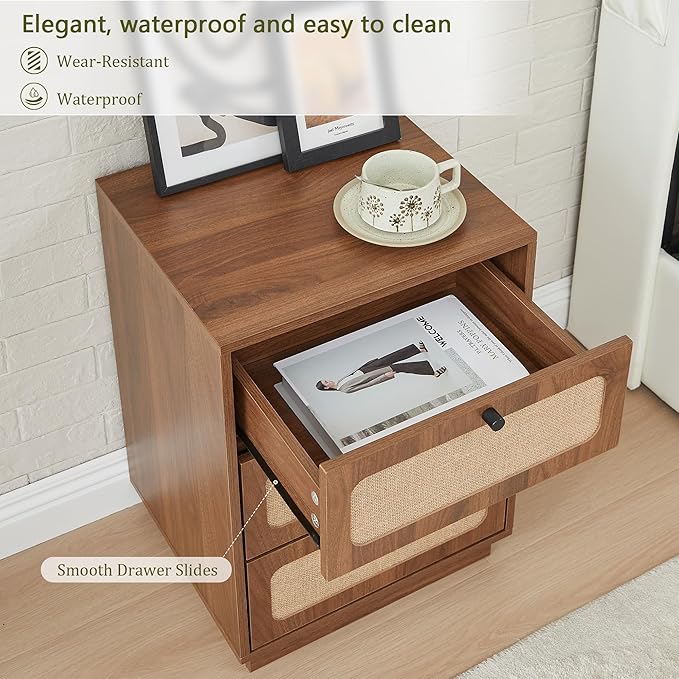 16 Inch Nightstand Set of 2, Mid-Century Wood Night Stand with 3 Storage Drawer, Farmhouse Small Linen Decor End Table for Sofa Couch, Side Tbale for Bedside Bedroom, Living Room (Walnut)