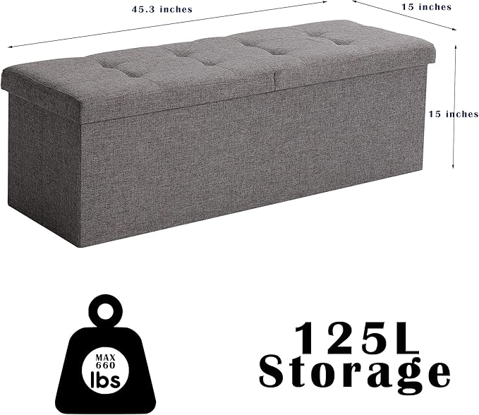 CUYOCA Shoe Storage Ottoman Foldable Seat Footrest Tufted Bench End of Bed Storage with Flipping Lid, 166L Storage Upholstered , Linen Fabric Beige, 45.3 Inches