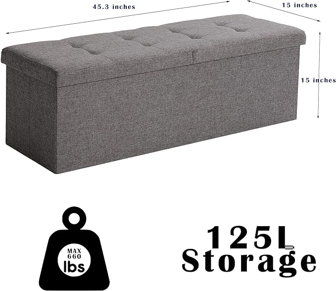 CUYOCA 45.3 Inches Storage Ottoman Bench Foldable Seat Footrest Shoe Bench End of Bed Storage with Flipping Lid, 166L Storage Space, Linen Fabric Sandy Beige