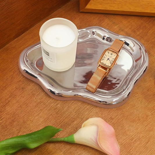 Ceramic Jewelry Tray Trinket Dish, Decorative Cloud Vanity Key Tray for Women, Ring Holder Dish, Cute Jewelry Plate Bowl Room Decor Aesthetic, Silver, Large