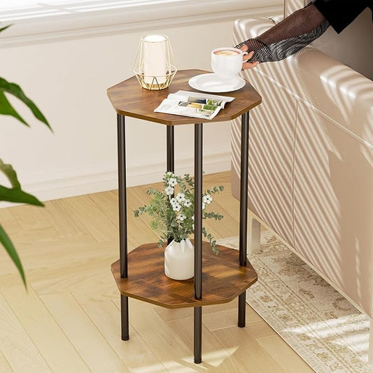 Side Table, Octagonal End Table for Small Spaces, Nightstand with 2 Storage Shelves, Small Table Stand for Bedroom, Living Room, Outdoor Balcony(Brown)