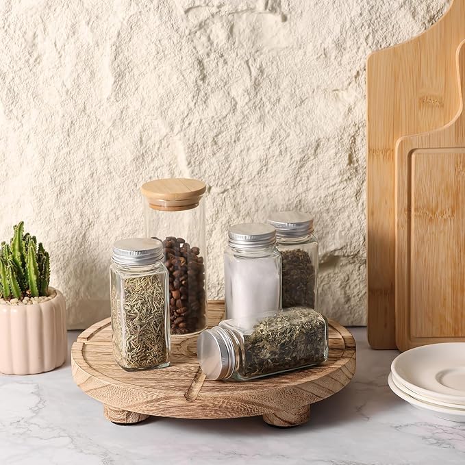 10'' Round Wooden Tray Pedestal Stand, Farmhouse Bathroom Decor Riser for Soap Dispenser, Perfume, Candle, 10'', Light Brown