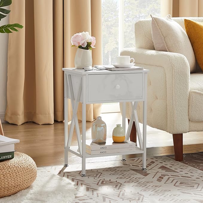 VECELO Nightstands Set of 2, Modern Bedside End Tables, Night Stands with Drawer and Storage Shelf for Living Room Bedroom, Industrial Metal Frame