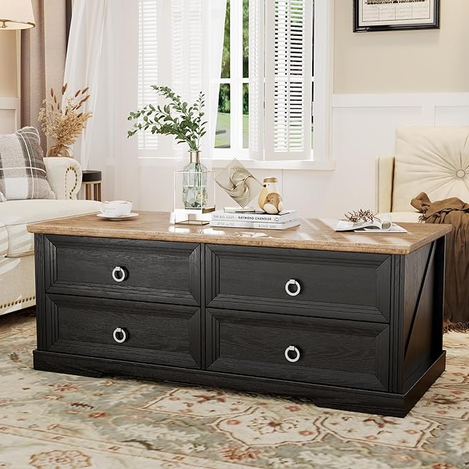 Rustic Coffee Table with Drawers 47 inch Living Room Tables with Storage, Wooden Center Table for Reading Playing Room Home Accent Table for Dining Room Apartment, Dark Oak Black