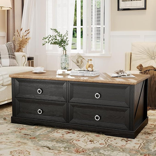 Rustic Coffee Table with Drawers 47 inch Living Room Tables with Storage, Wooden Center Table for Reading Playing Room Home Accent Table for Dining Room Apartment, Dark Oak Black