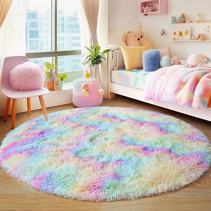 5'x5' Rainbow Round Rugs for Girls Bedroom, Ultra Soft Fluffy Circle Rug for Kids Room, Cute Shag Rugs for Living Room Playroom Tent Castle Home Decor Rug
