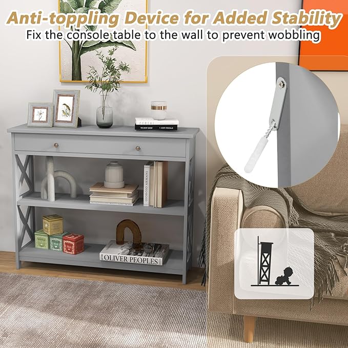 GOFLAME 39" Console Sofa Table with Drawers, 3-Tier Narrow Entry Table with Storage Shelves for Living Room Behind Couch, Entryway, Hallway (Grey)