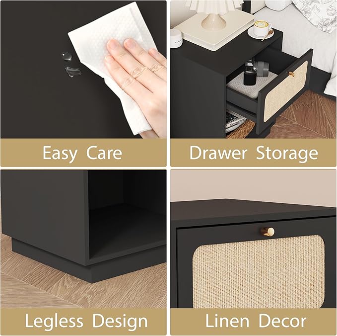 16" Wooden Night Stand with Drawer Linen Decor and Open Shelf, Modern Black Side Table, Small Bedside Table with Storage, Farmhouse Nightstand End Table for Bedroom Home Office, Living Room (Black)