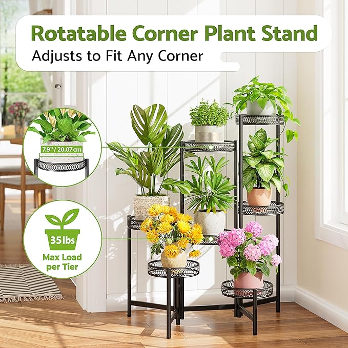 Plant Stand Indoor Outdoor, 7 Tier Large Plant Stand with 7.9-Inch Wide Drainage Tray, Tiered Corner Metal Iron Flower Display Holder Shelf, Folding Tall Rack for Patio Balcony Porch - BlackFlower