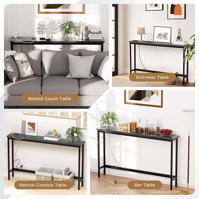35'' High Behind Couch Table, Narrow Console Table with Outlet, Sofa Table for Entryway Hallway, Living Room, Black, Grey