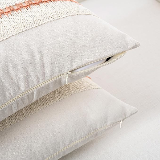 Fancy Homi Set of 2 Boho Coral Decorative Throw Pillow Cover 18x18 Inch for Couch Bed Sofa, Aesthetic Modern Organic Farmhouse Home Decor, Soft Cotton Cute Accent Macrame Woven Cushion Case