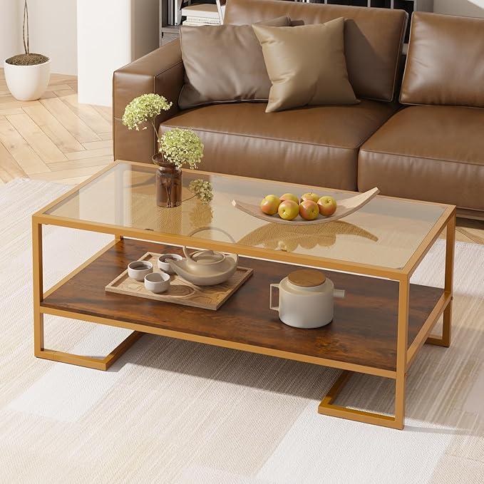 Coffee Table, 2 Tier Tempered Glass Coffee Table, Rectangle Modern Center Table with Metal Frame, Glass Accent Table Open Storage Shelf for Living Room, Office, Brown