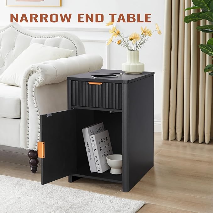 Fluted Narrow End Table with Charging Station, Black Side Table with Drawer Storage, Small Night Stand with Power Outlets and USB Ports, Sofa Side Table for Living Room - Black
