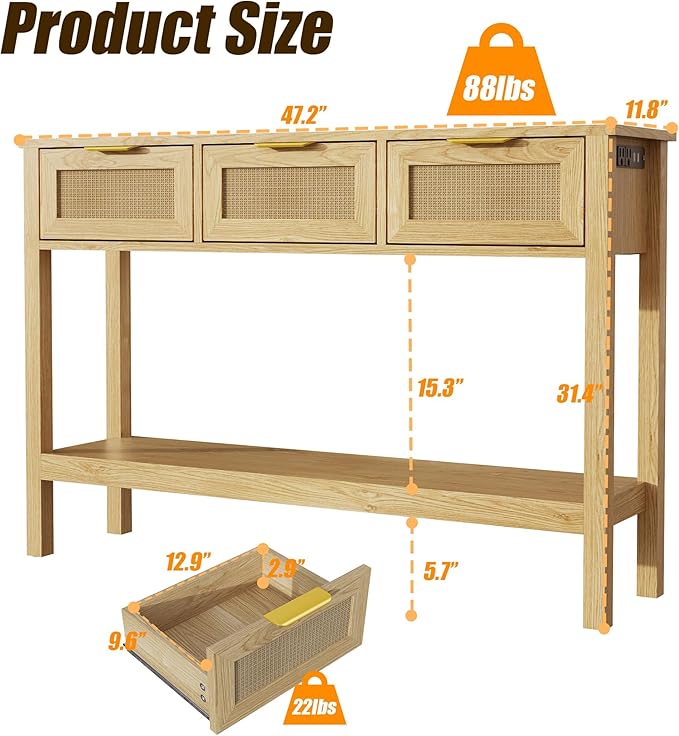 Entryway Table, Rattan Console Table with 3 Storage Drawers and Storage Shelf, Sofa Table with Socket, for Entryway, Living Room, Behind Couch and Hallway (Light Yellow)
