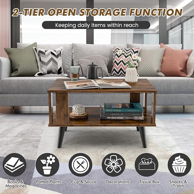 Giantex Small Wood Coffee Table, 2-Tier Tea Table w/Open Storage Shelf & Supportive Legs, Easy Assembly, Mid-Century Center Table for Living Room, Reception Room