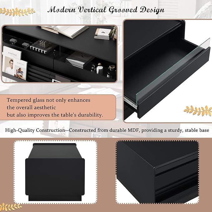 Modern Wooden Coffee Table with 4 Drawers & 2 Open Storage Shelves, 47.2-Inch Rectangular Fluted Accent Tables Center Cocktail Table for Living Room, Black