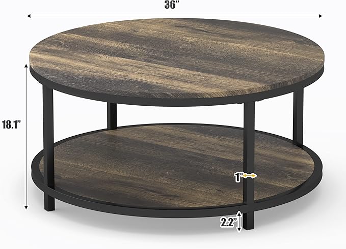 WiberWi Round Coffee Table 35.8" Rustic Vintage Industrial Design Furniture Sturdy Metal Frame Legs Sofa Table Cocktail Table with Storage Open Shelf for Living Room, Easy Assembly, Dark Brown